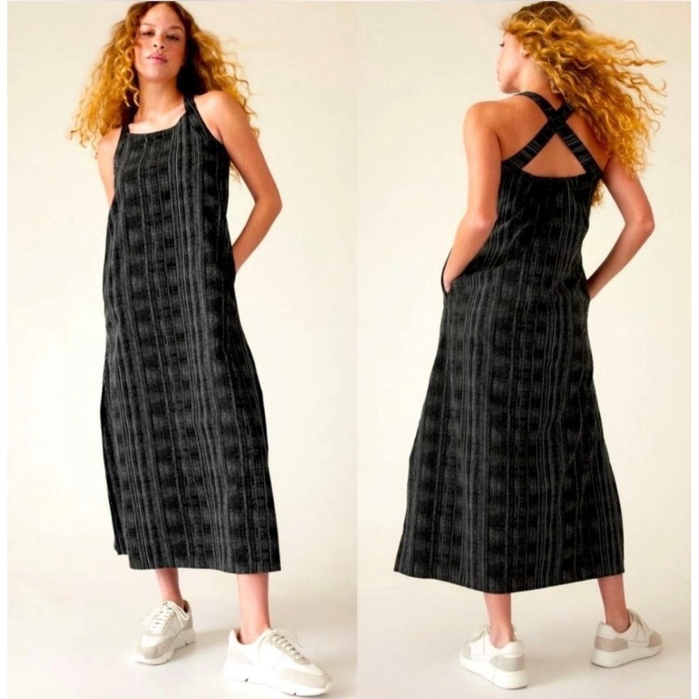 Athleta Arrival Black White Dash Stripe Cross Back Maxi Dress Pockets Size M